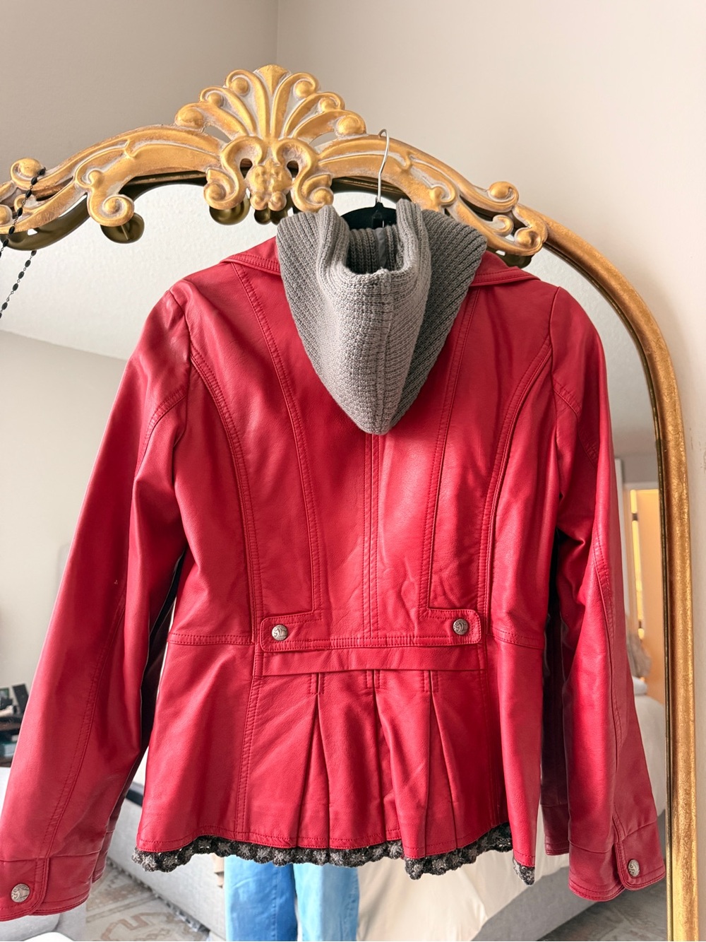 Deep Red Faux Leather Jacket with Knit Zip closure - Picture 2 of 6